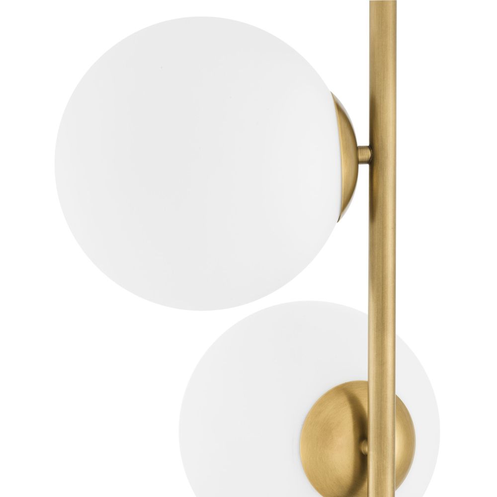 Modern, brass finish floor lamp with 5 glass lampshade detailing and black marble base