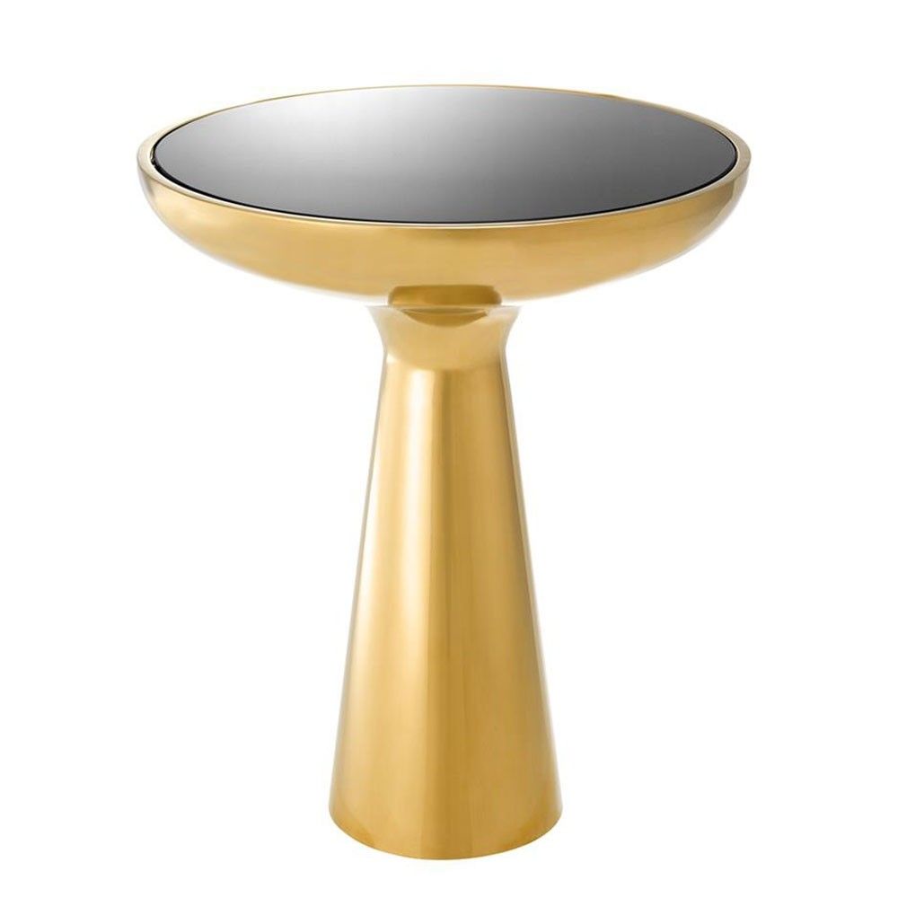 Sleek low gold side table with black glass table top