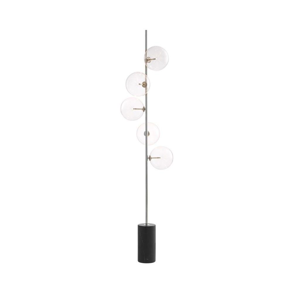 Modern, nickel finish floor lamp with 5 glass lampshade detailing and black marble base