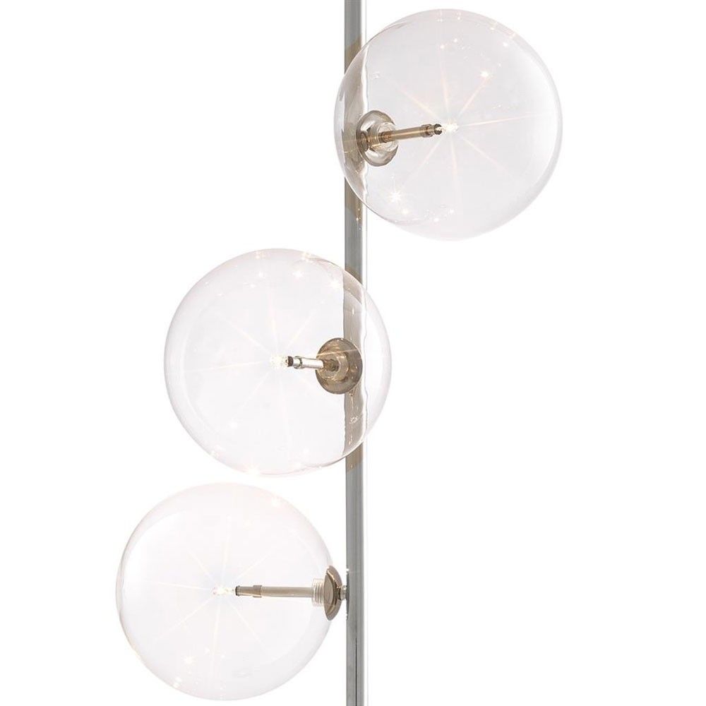 Modern, nickel finish floor lamp with 5 glass lampshade detailing and black marble base