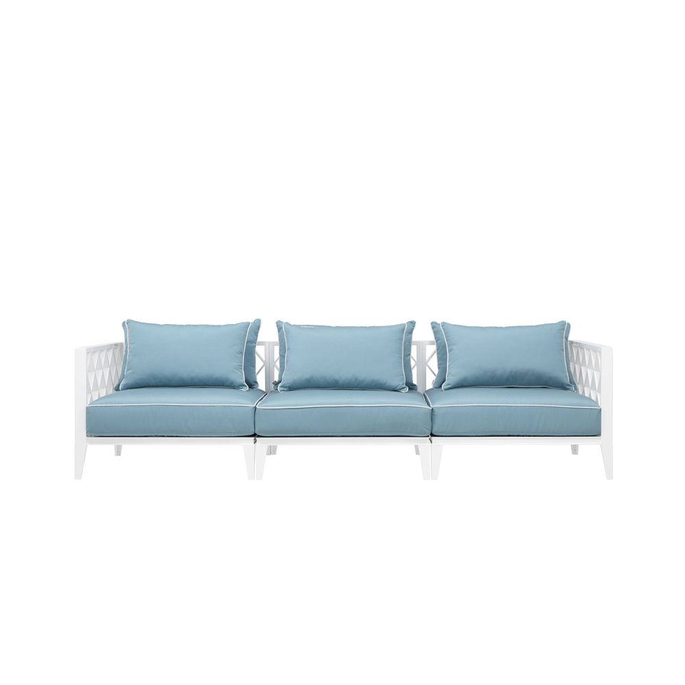 contemporary white outdoor sofa with blue and white cushions 