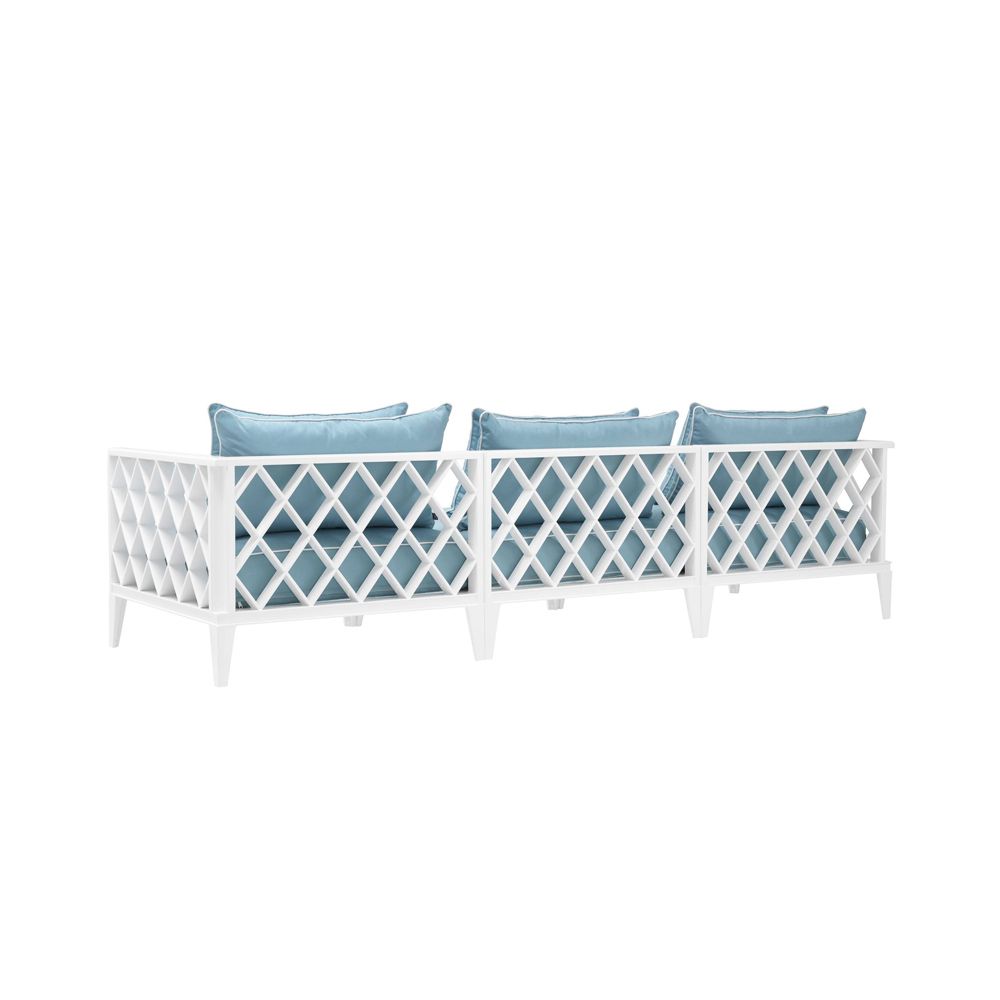 contemporary white outdoor sofa with blue and white cushions 