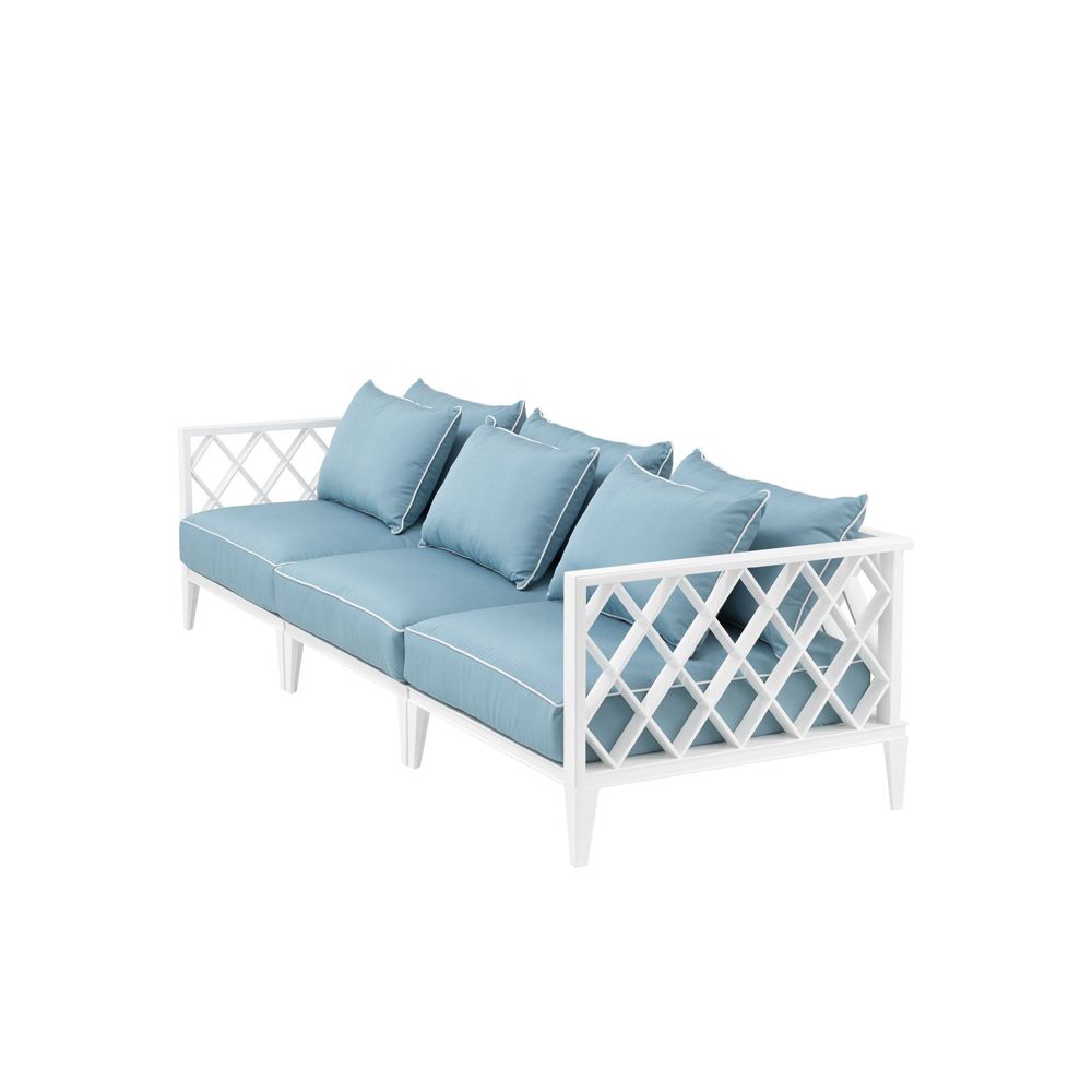 contemporary white outdoor sofa with blue and white cushions 