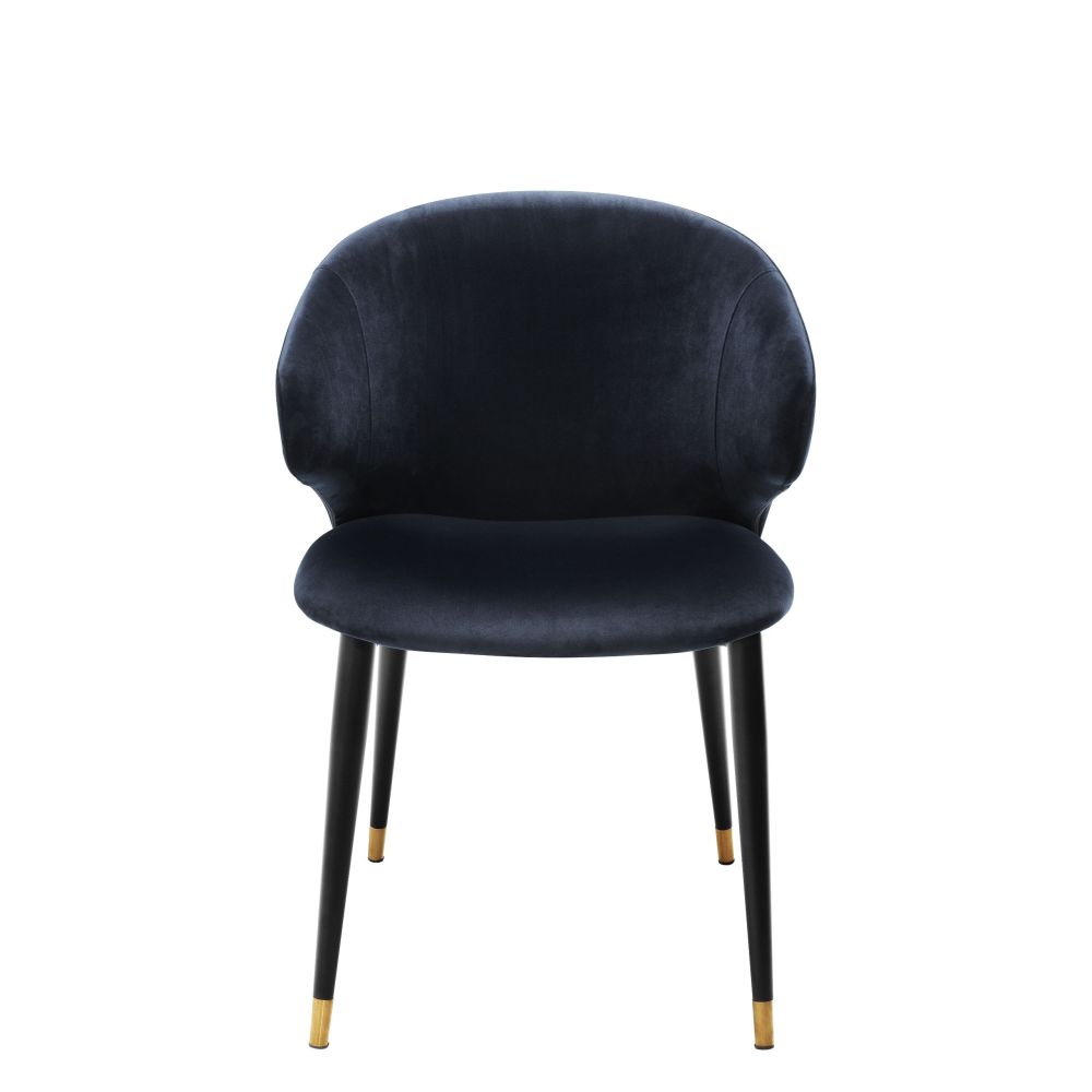 Luxury midnight blue velvet dining chair with black and gold tapered legs