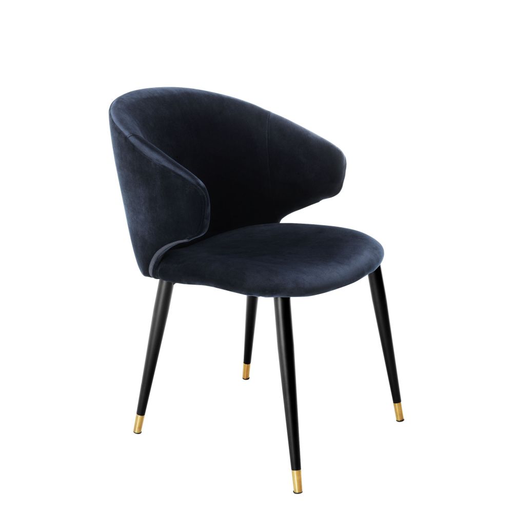 Luxury midnight blue velvet dining chair with black and gold tapered legs