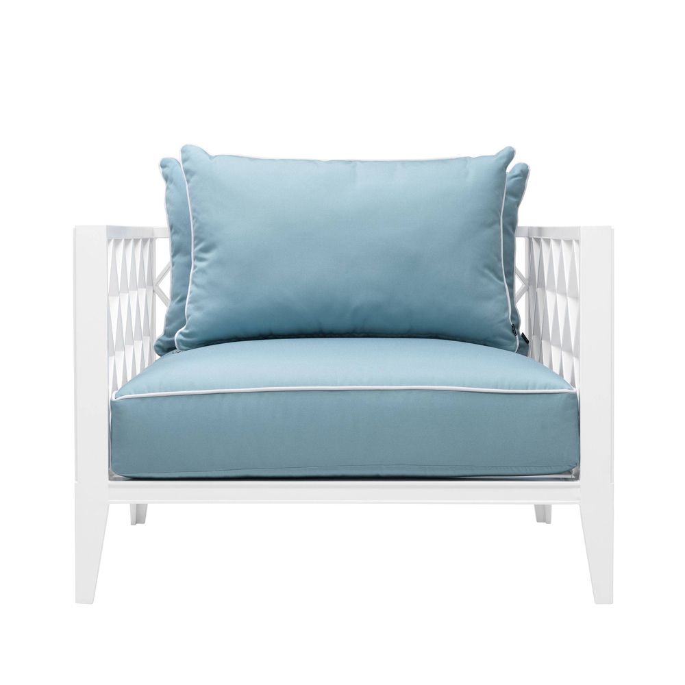 contemporary, outdoor chair with blue and white cushions
