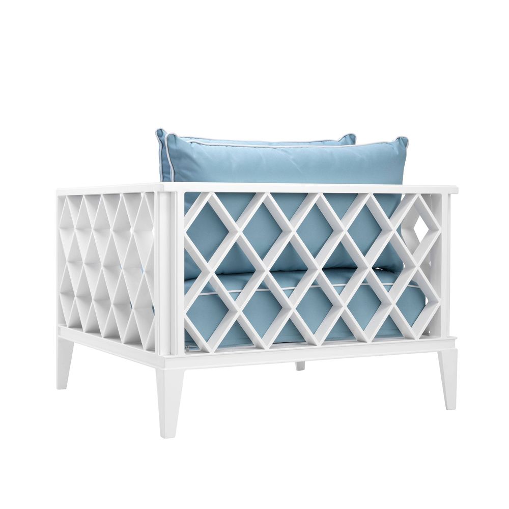 contemporary, outdoor chair with blue and white cushions