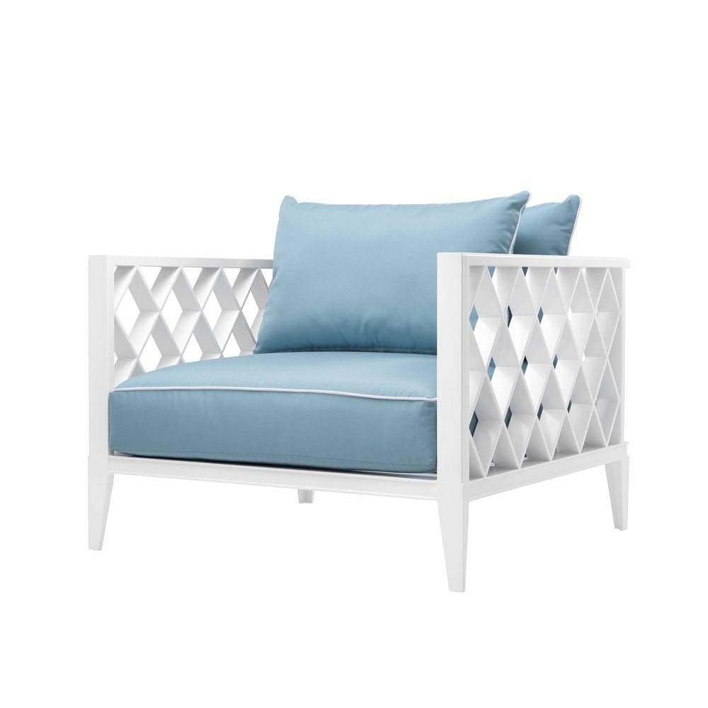 contemporary, outdoor chair with blue and white cushions