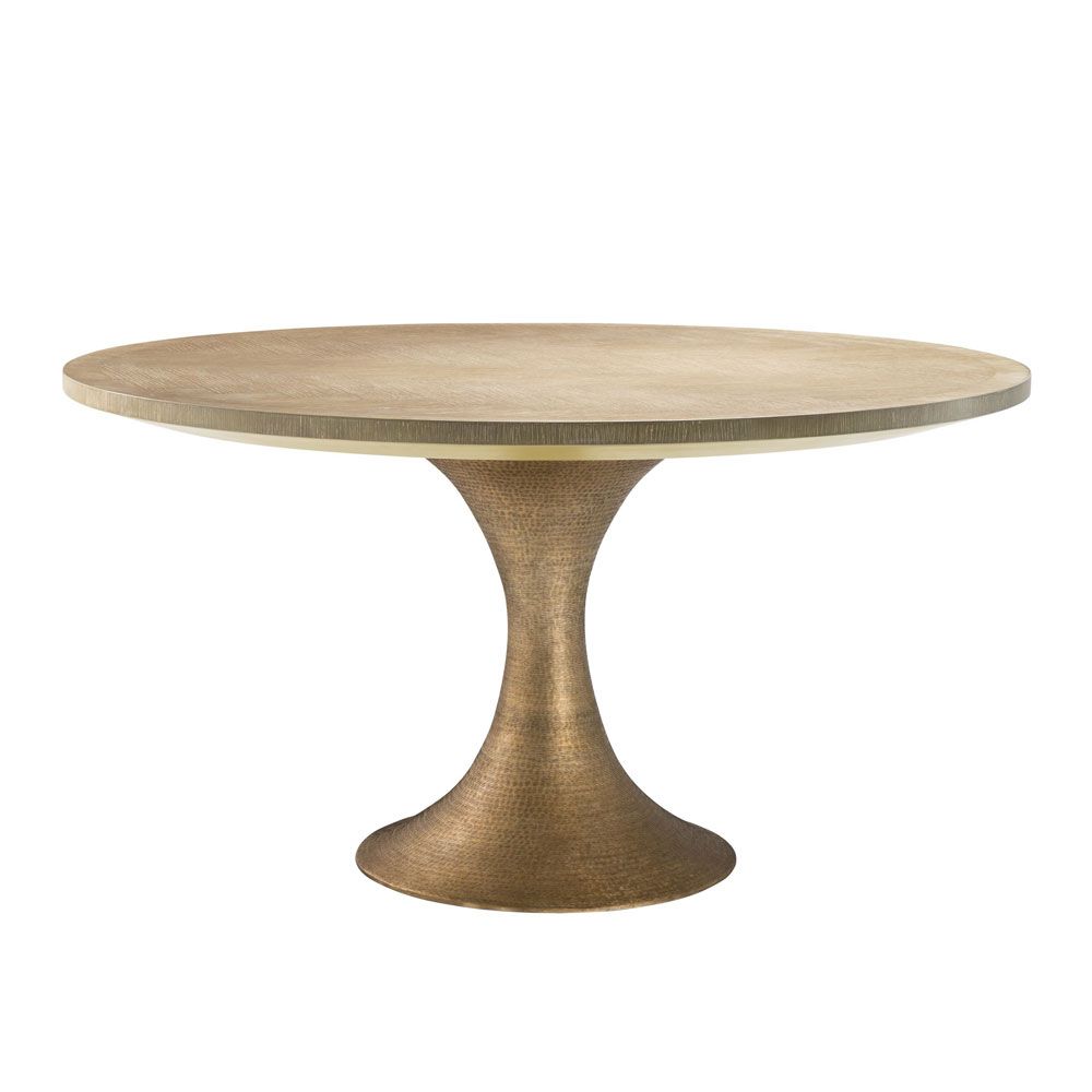 natural washed oak dining table with hourglass base in brushed brass