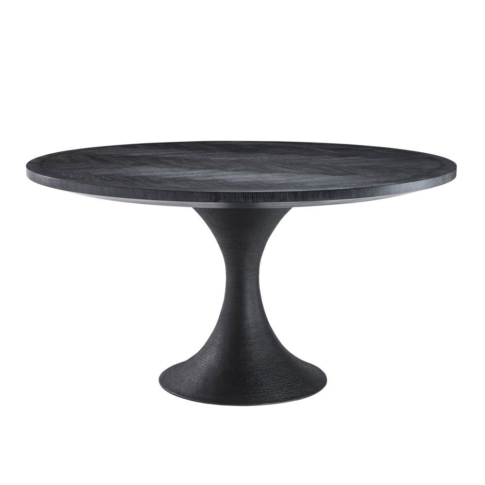 charcoal oak dining table with bronze hourglass base 