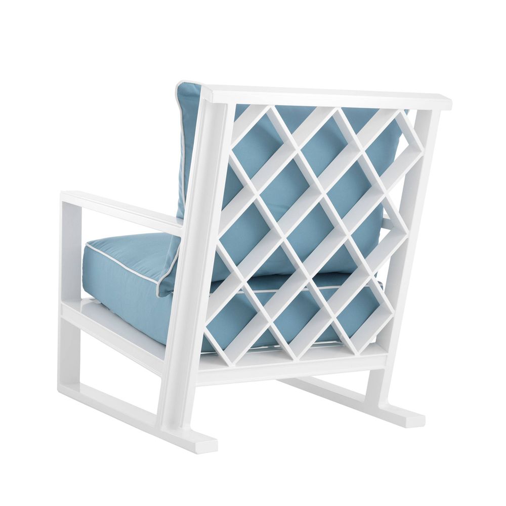 luxurious outdoor chair with blue and white upholstery 