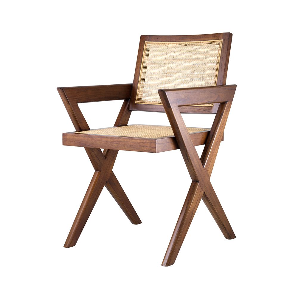 Brown finish, rattan seated dining chair with X-shaped legs