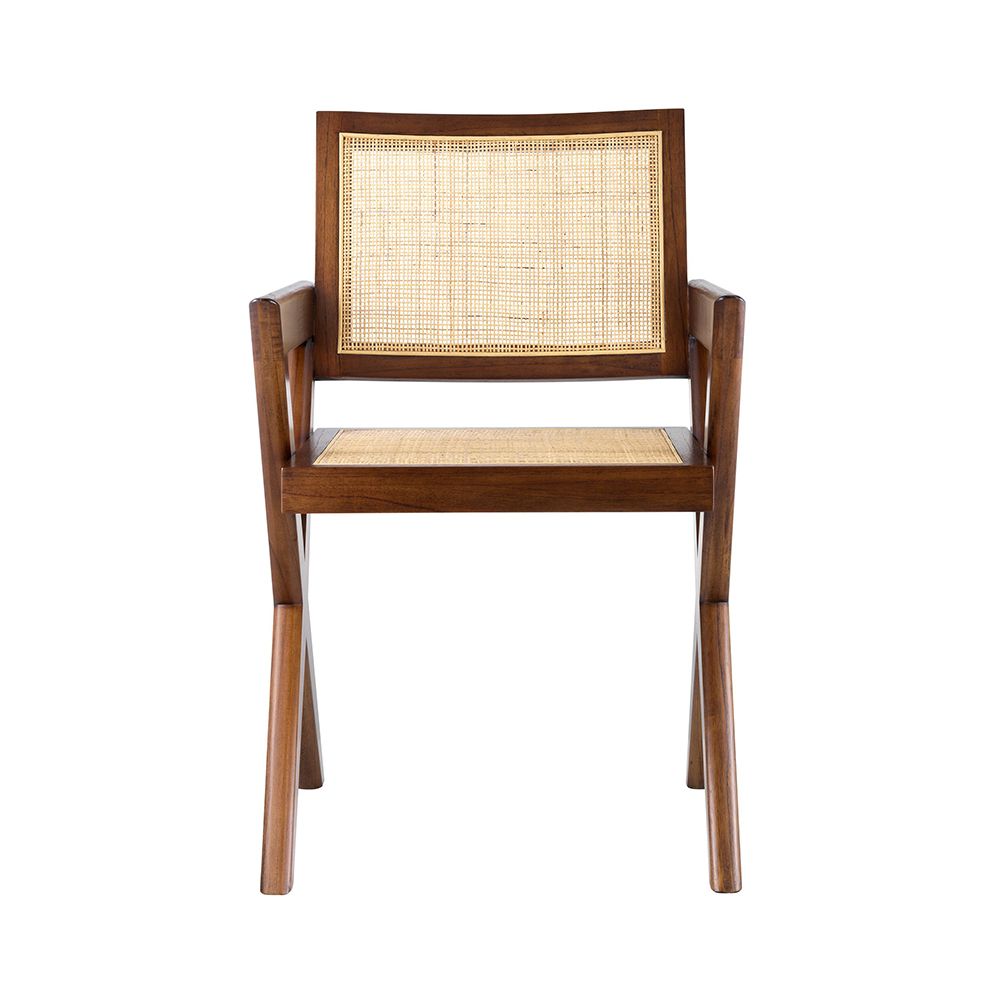 Brown finish, rattan seated dining chair with X-shaped legs