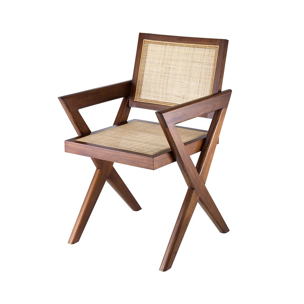 Brown finish, rattan seated dining chair with X-shaped legs