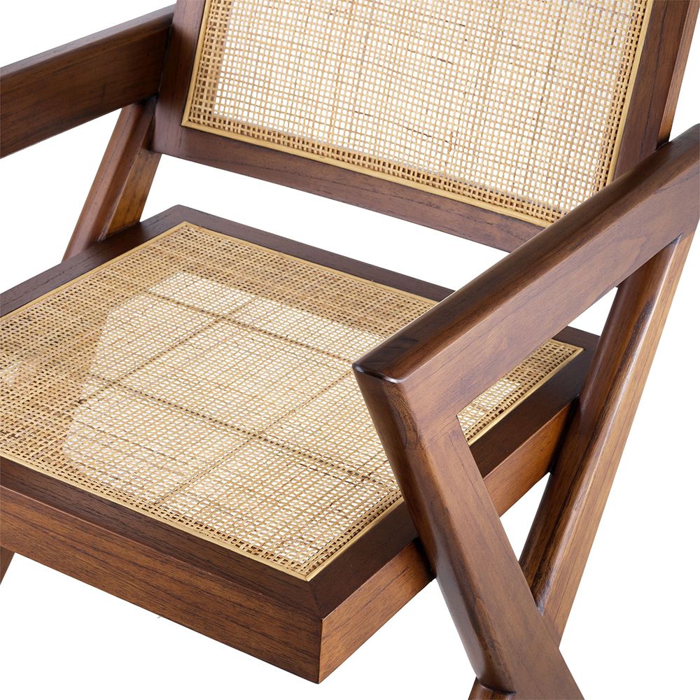 Brown finish, rattan seated dining chair with X-shaped legs