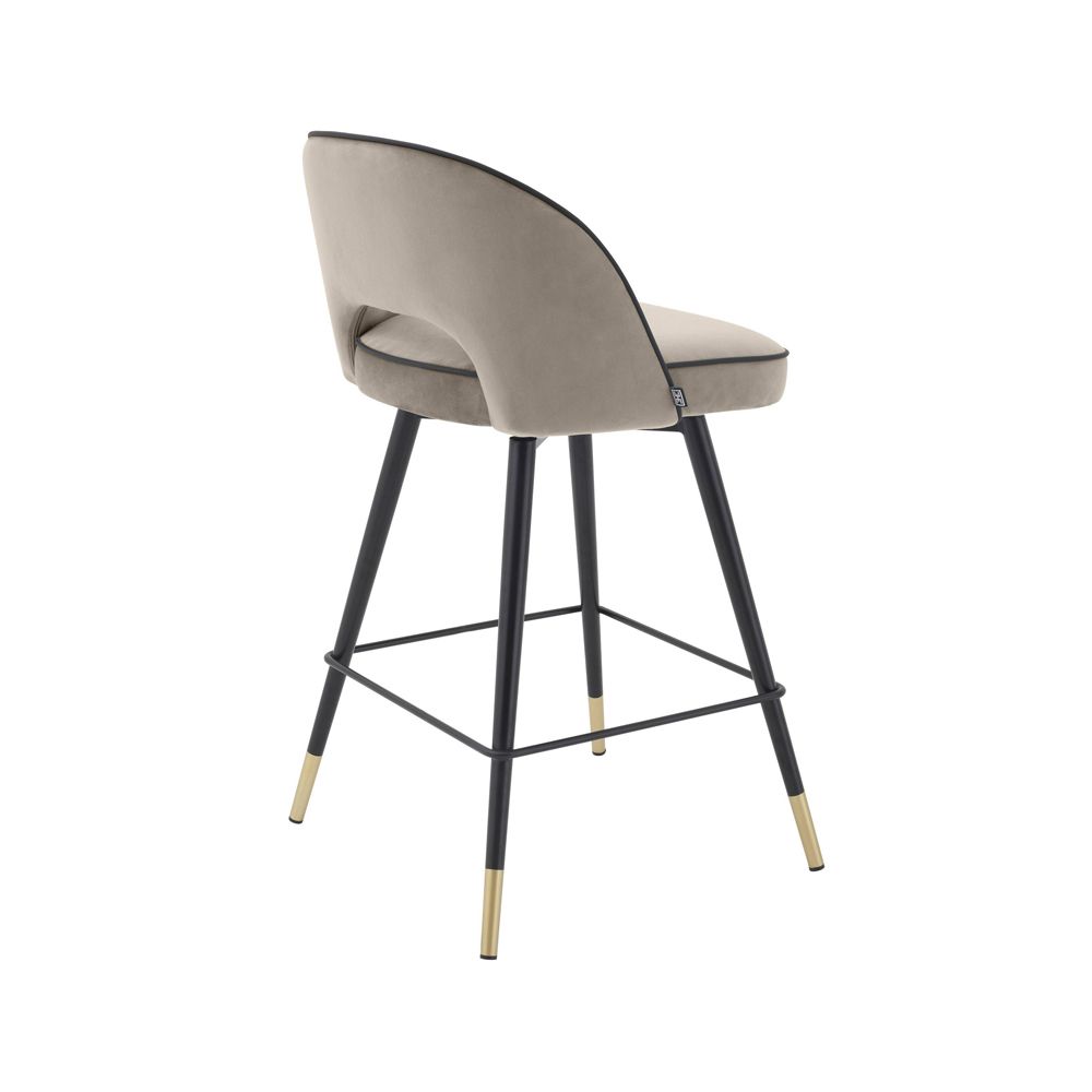 Grey beige velvet bar stools set of 2, with black piping and golden accents