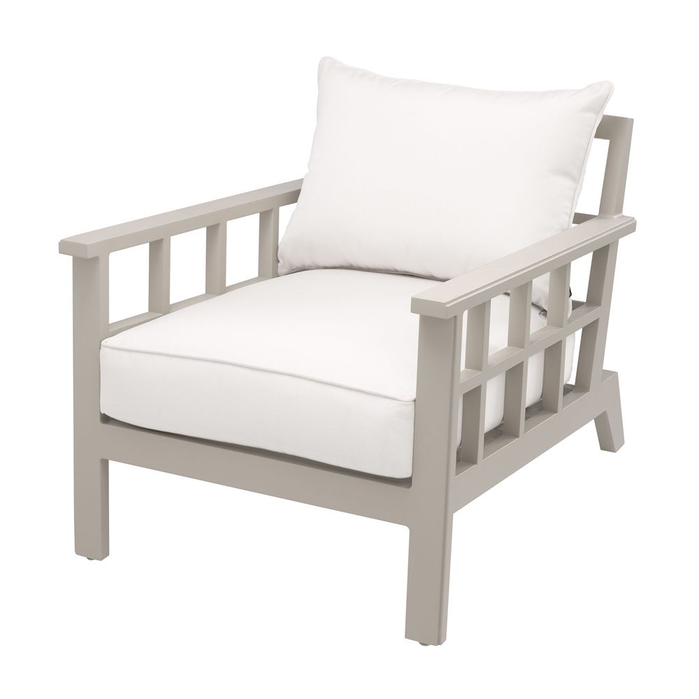 Contemporary greige outdoor armchair with neutral-toned seat cushion by Eichholtz