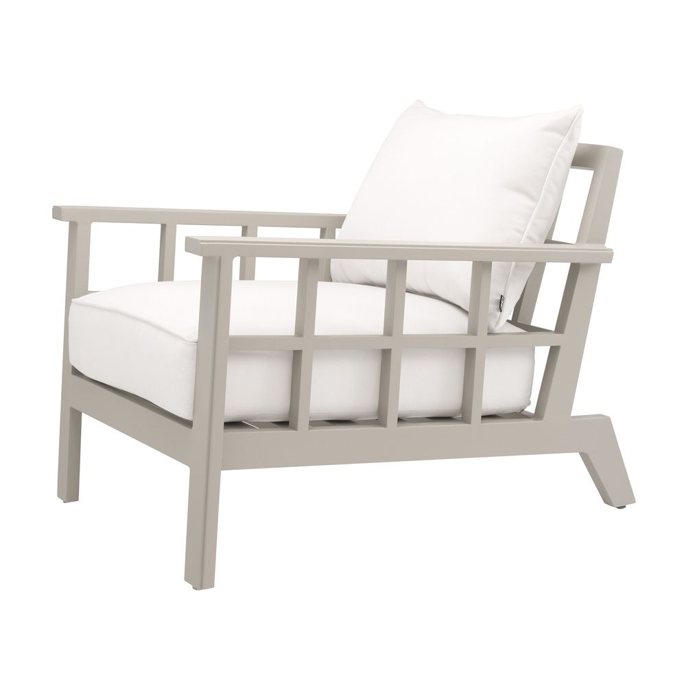 Contemporary greige outdoor armchair with neutral-toned seat cushion by Eichholtz