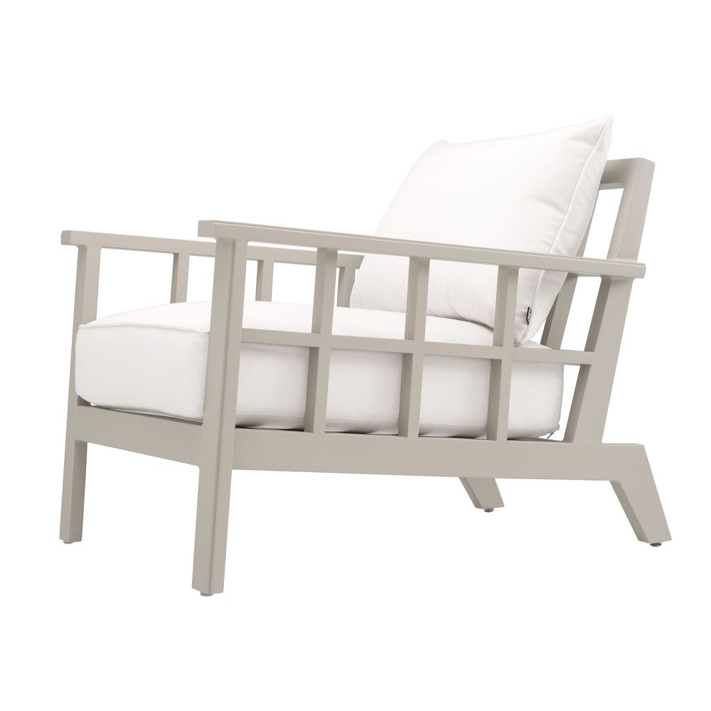 Contemporary greige outdoor armchair with neutral-toned seat cushion by Eichholtz