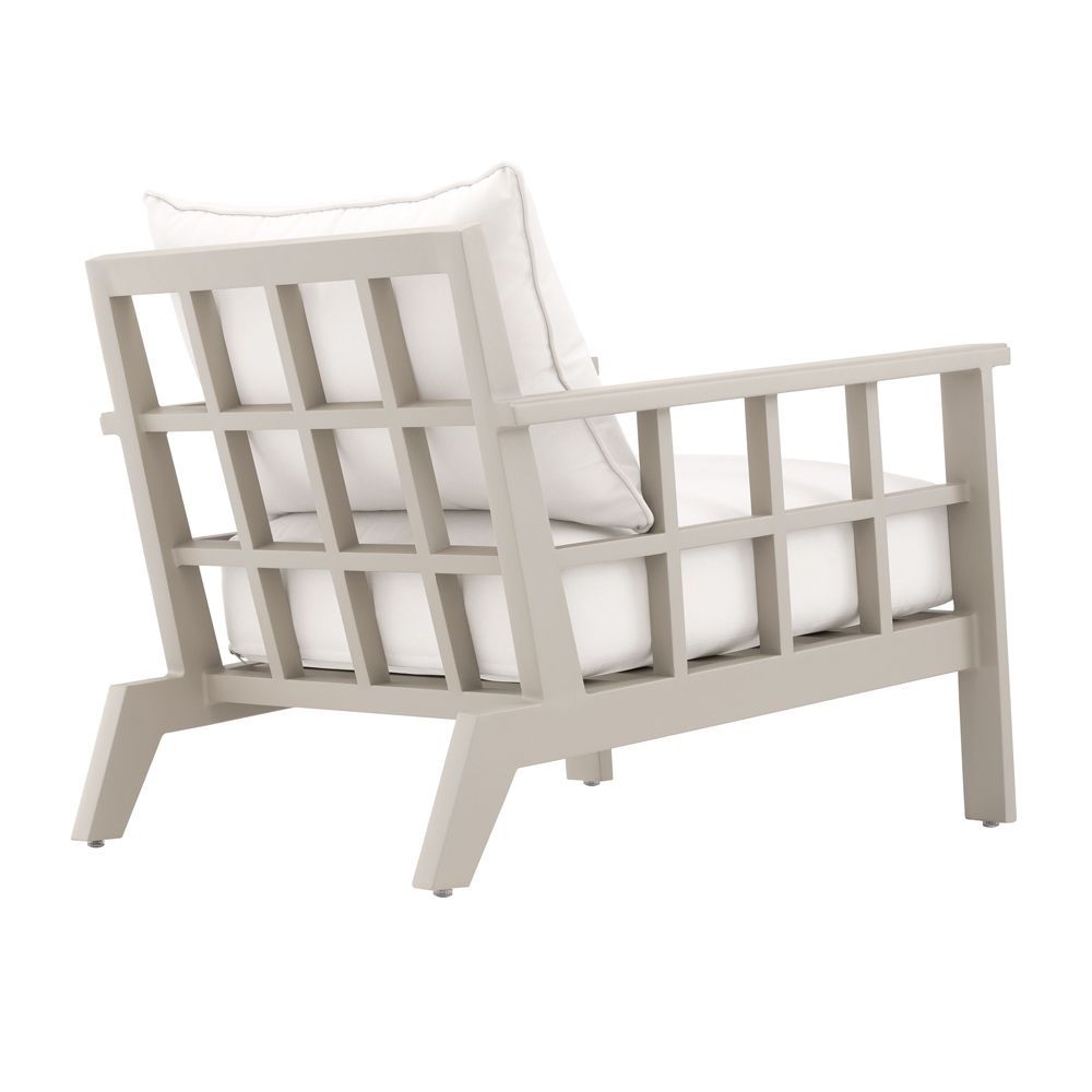 Contemporary greige outdoor armchair with neutral-toned seat cushion by Eichholtz