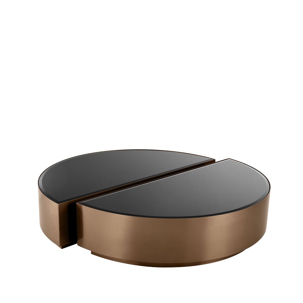 Semi-circular set of 2 coffee tables in a brushed copper finish with black bevelled glass tabletop
