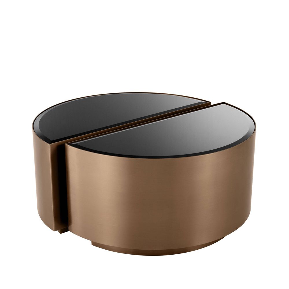 Eichholtz brushed copper finish set of 2 side tables with black bevelled glass tabletop