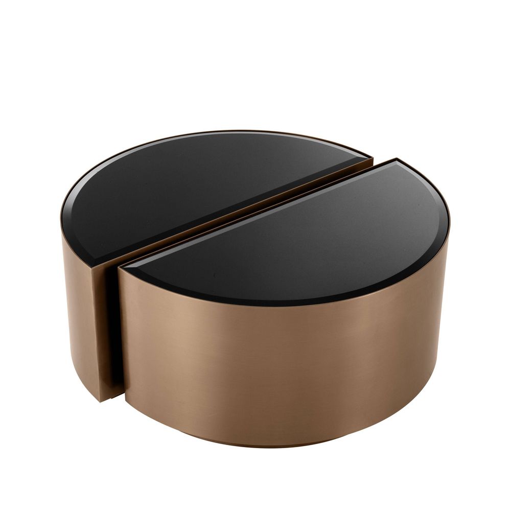 Eichholtz brushed copper finish set of 2 side tables with black bevelled glass tabletop