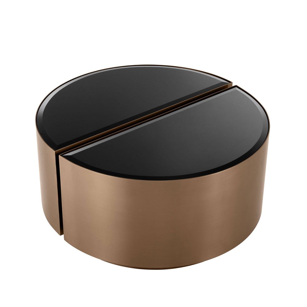 Eichholtz brushed copper finish set of 2 side tables with black bevelled glass tabletop