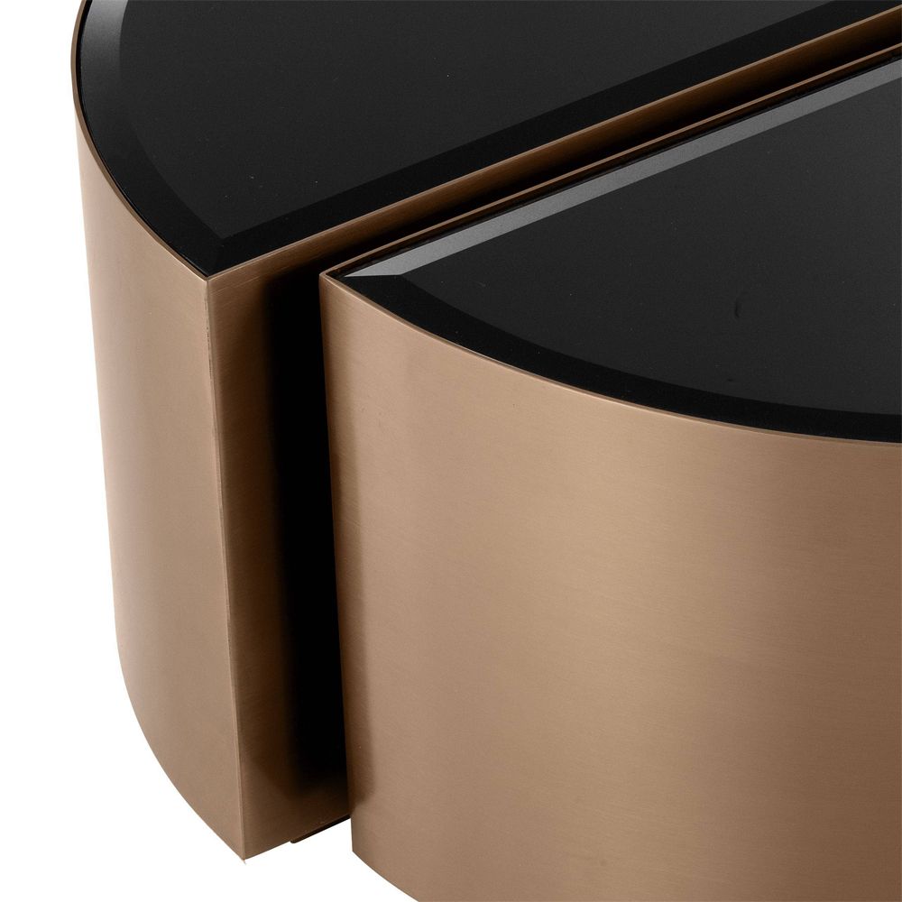 Eichholtz brushed copper finish set of 2 side tables with black bevelled glass tabletop