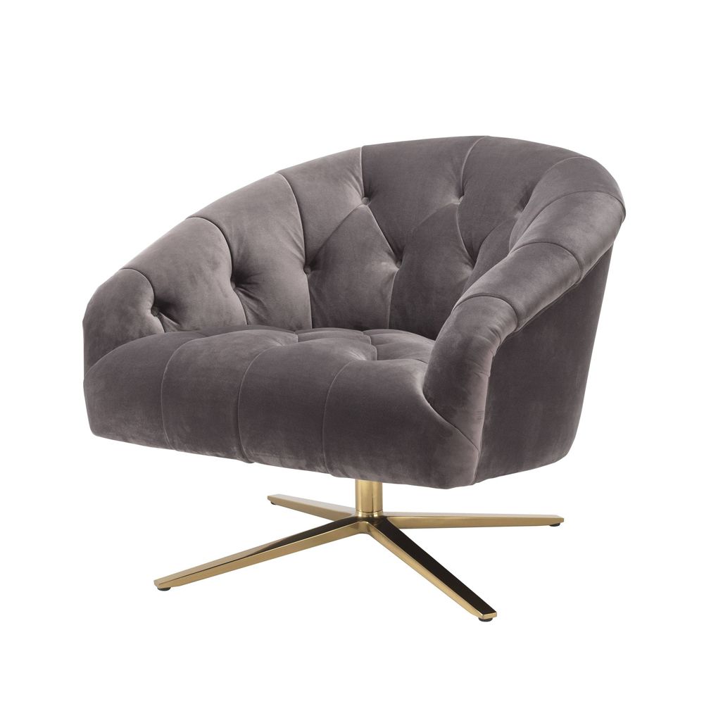 Savona grey velvet deep buttoned chair on brass swivel base