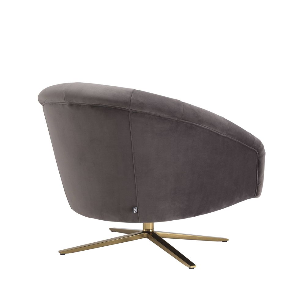 Savona grey velvet deep buttoned chair on brass swivel base