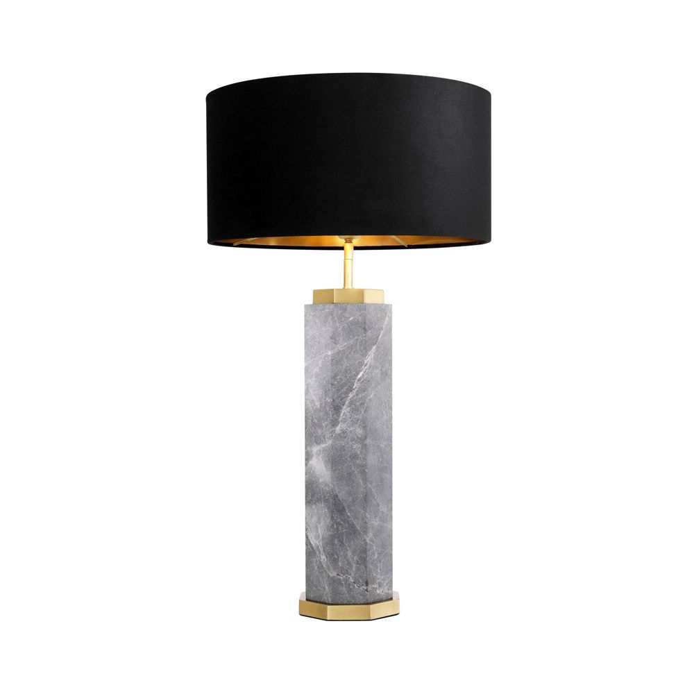 grey marble table lamp with black shade and brass accents