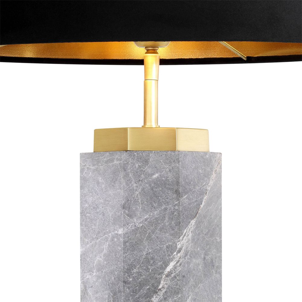 grey marble table lamp with black shade and brass accents