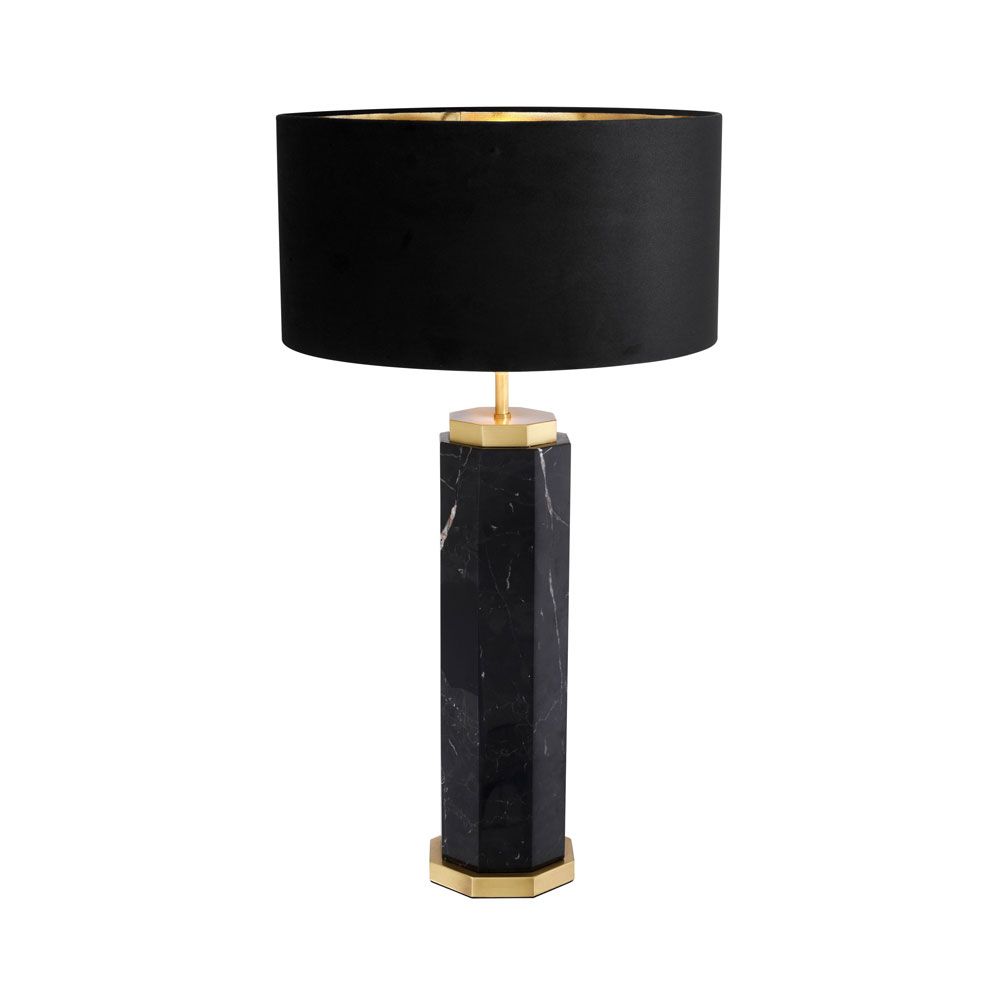black marble table lamp with antique brass accents and a black lampshade