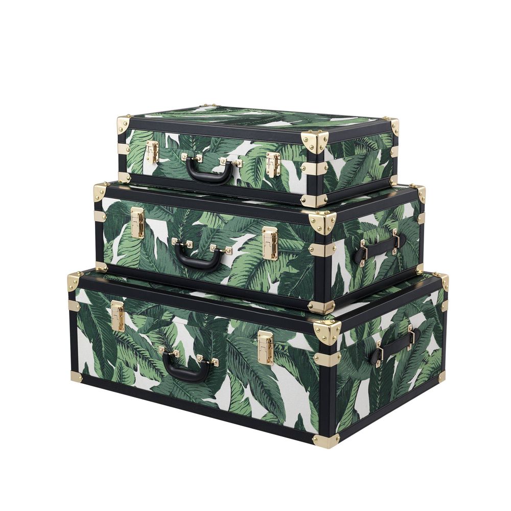 tropical set of 3 trunks with banana leaf-printed fabric 