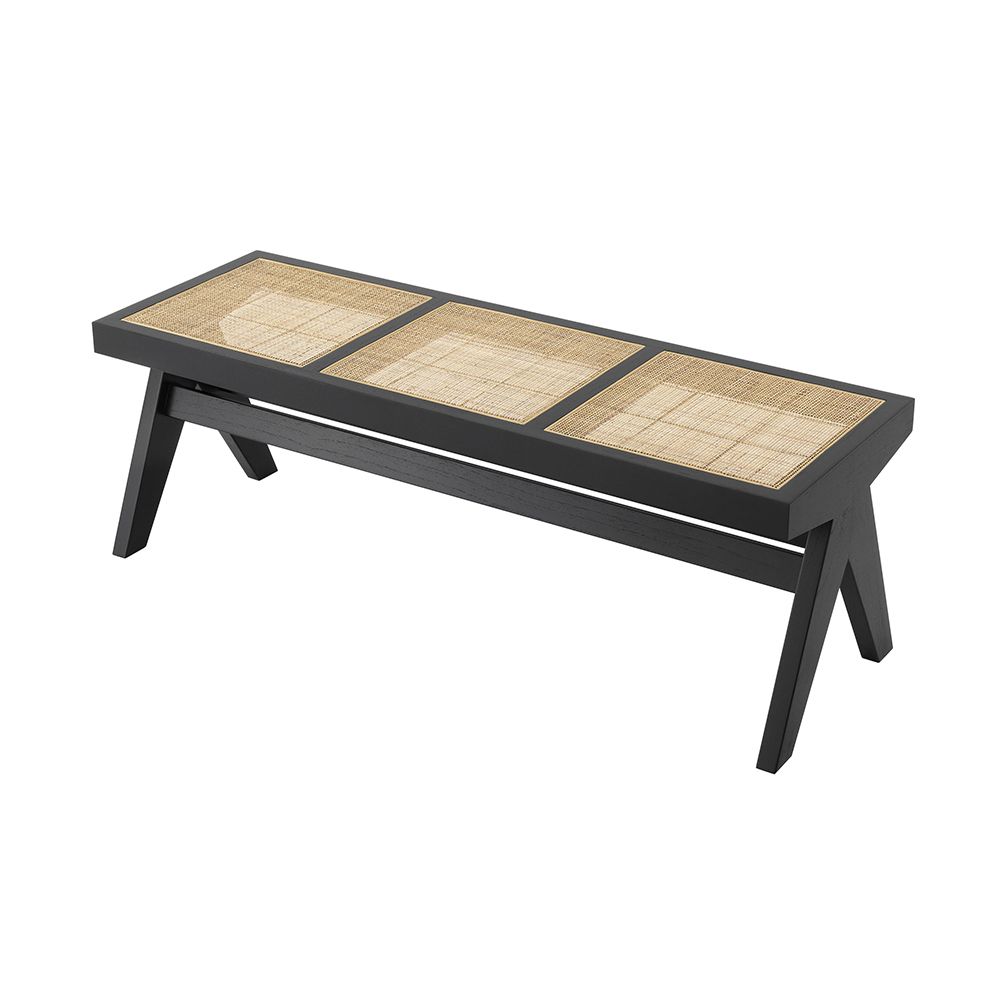 Black framed bench with rattan seat base 