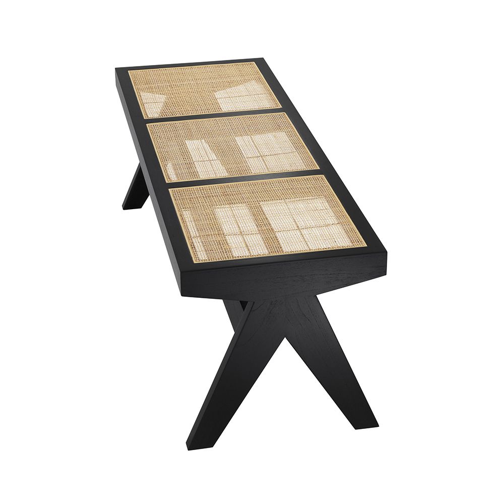 Black framed bench with rattan seat base 