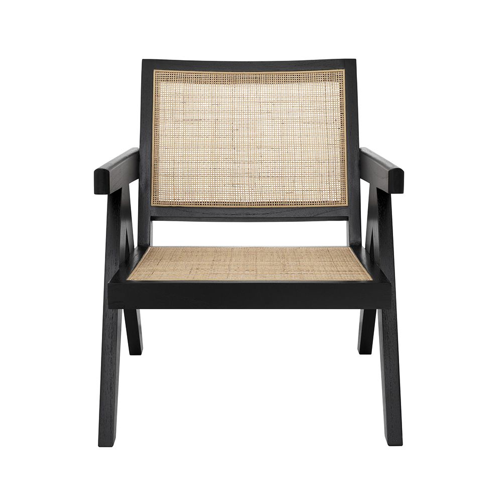 Rattan webbed, seated chair with black V-shaped legs