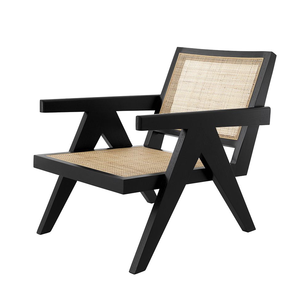 Rattan webbed, seated chair with black V-shaped legs