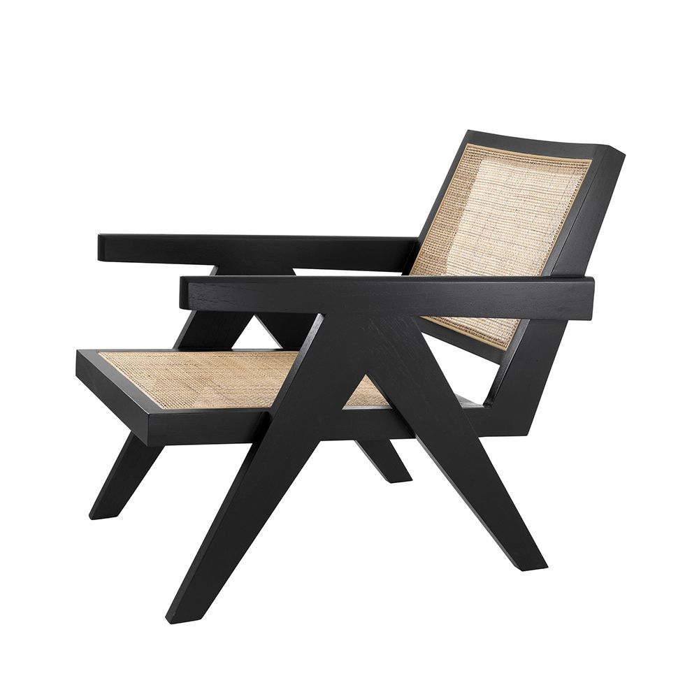 Rattan webbed, seated chair with black V-shaped legs