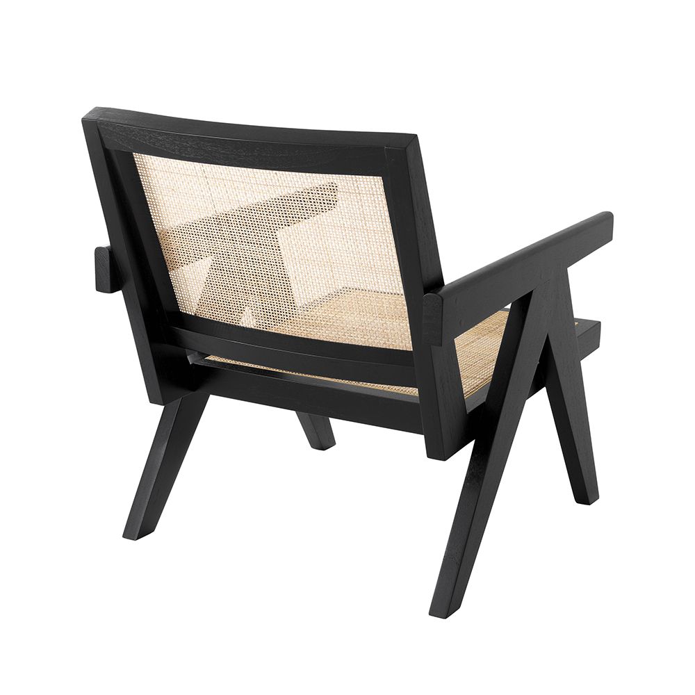 Rattan webbed, seated chair with black V-shaped legs