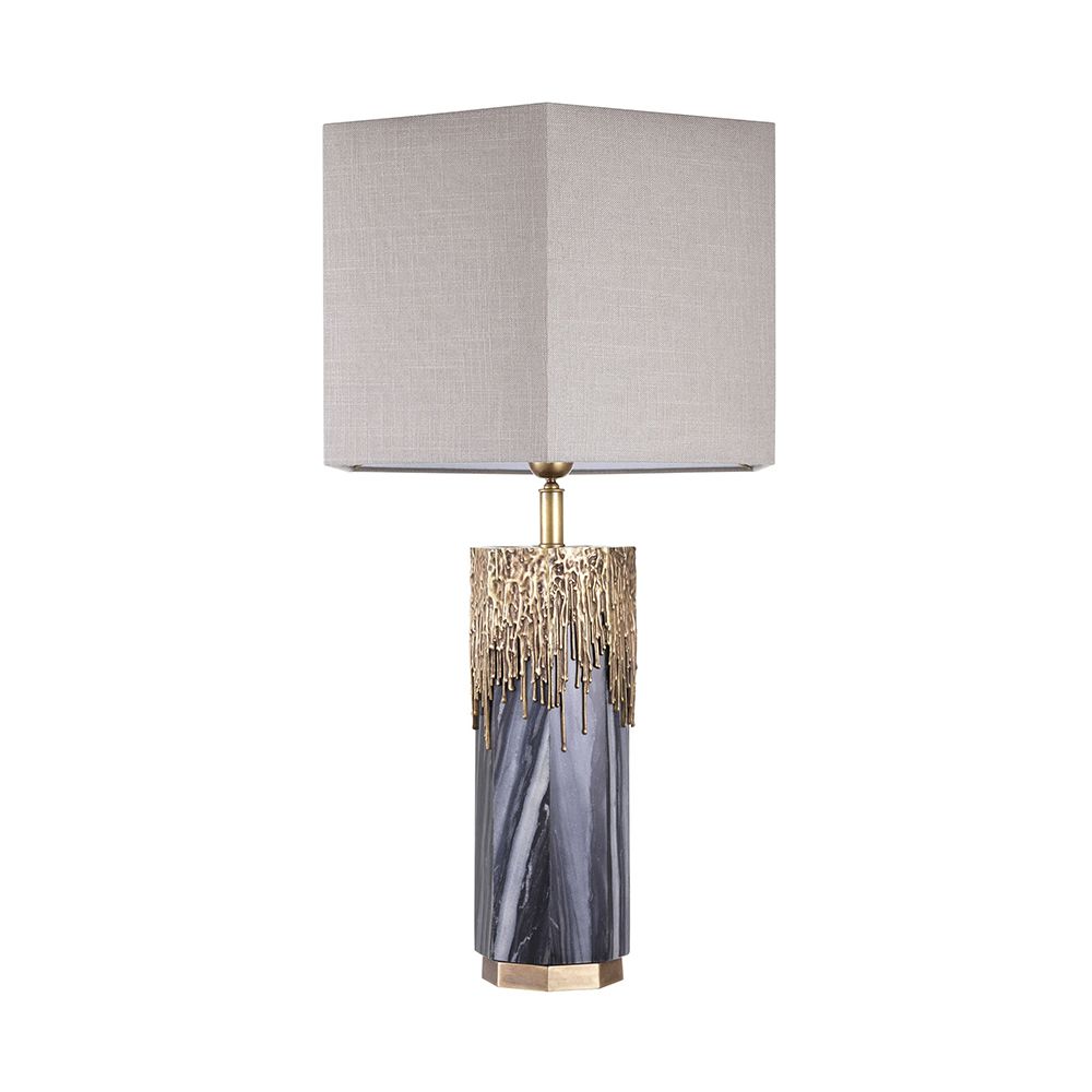 Luxurious Eichholtz grey marble table lamp with vintage brass accents and a linen shade