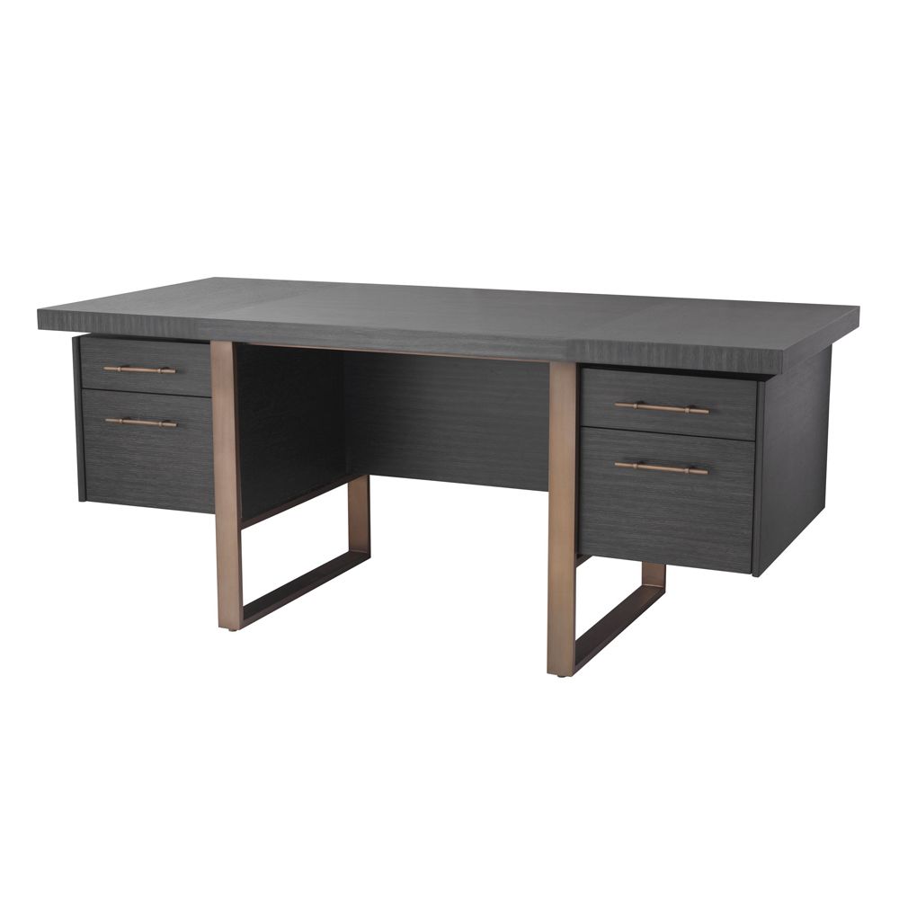 Eichholtz modern luxury charcoal grey oak desk with brass accents