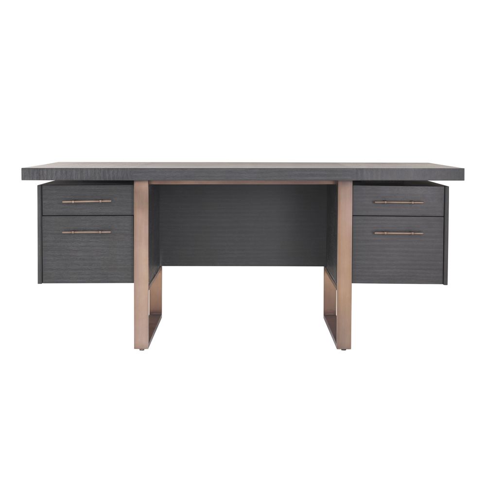 Eichholtz modern luxury charcoal grey oak desk with brass accents