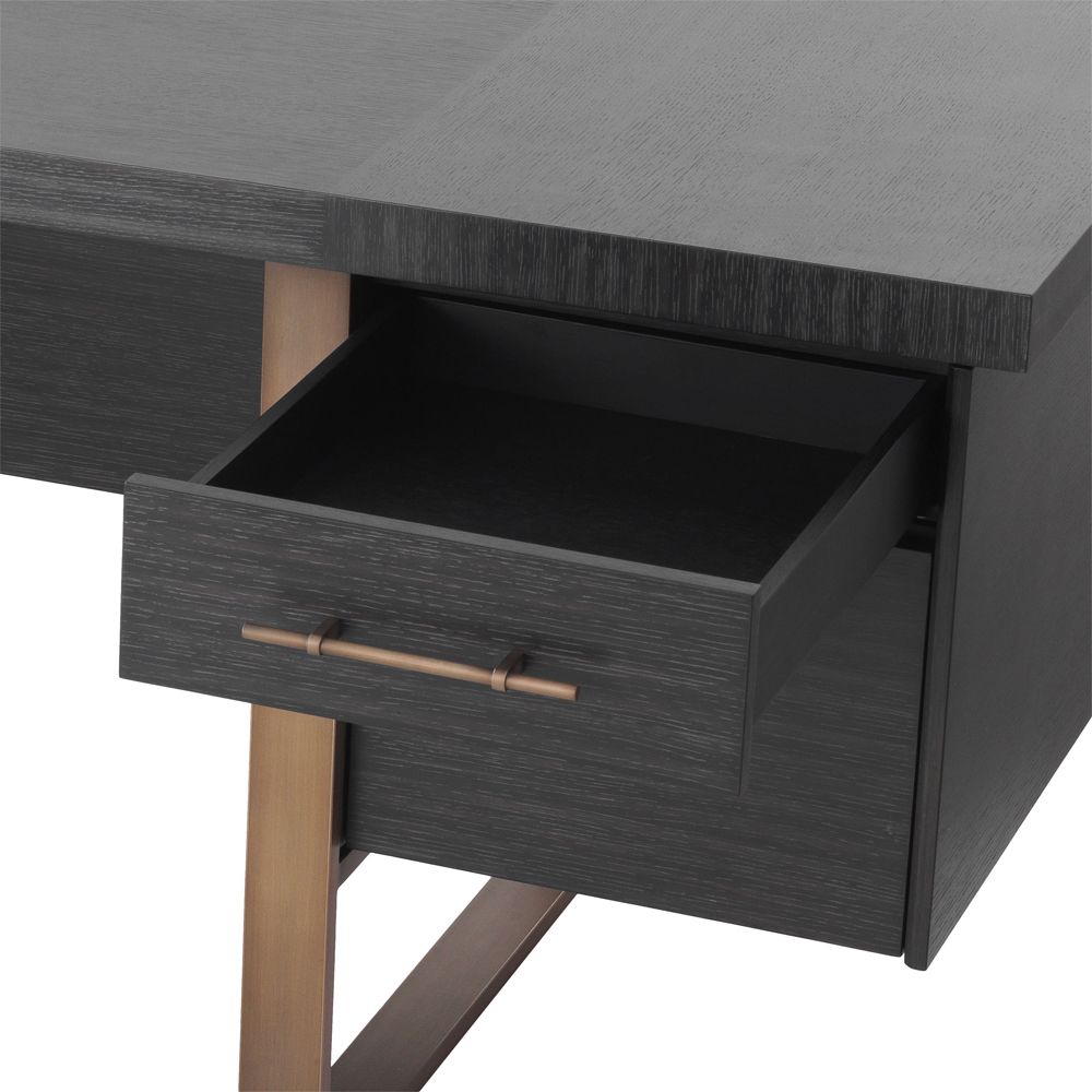Eichholtz modern luxury charcoal grey oak desk with brass accents