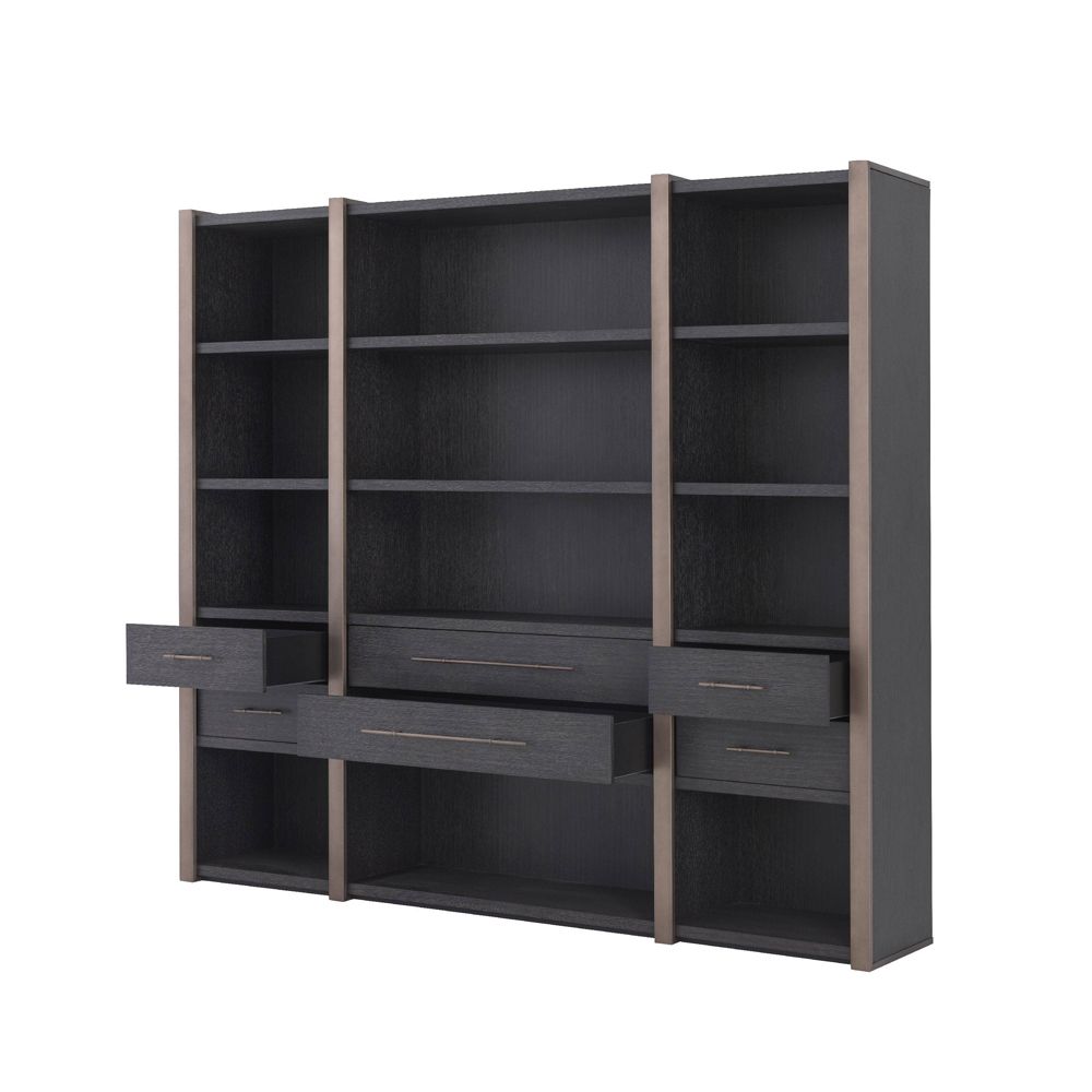 Charcoal grey, large wooden cabinet with 6 drawer storage and shelving unit with bronze detailing