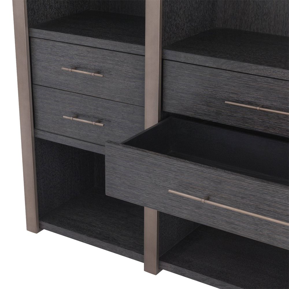 Charcoal grey, large wooden cabinet with 6 drawer storage and shelving unit with bronze detailing