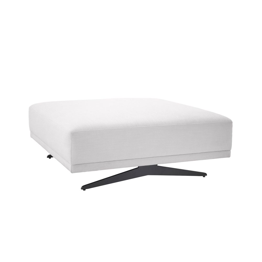 A luxurious, upholstered ottoman with white fabric and black feet