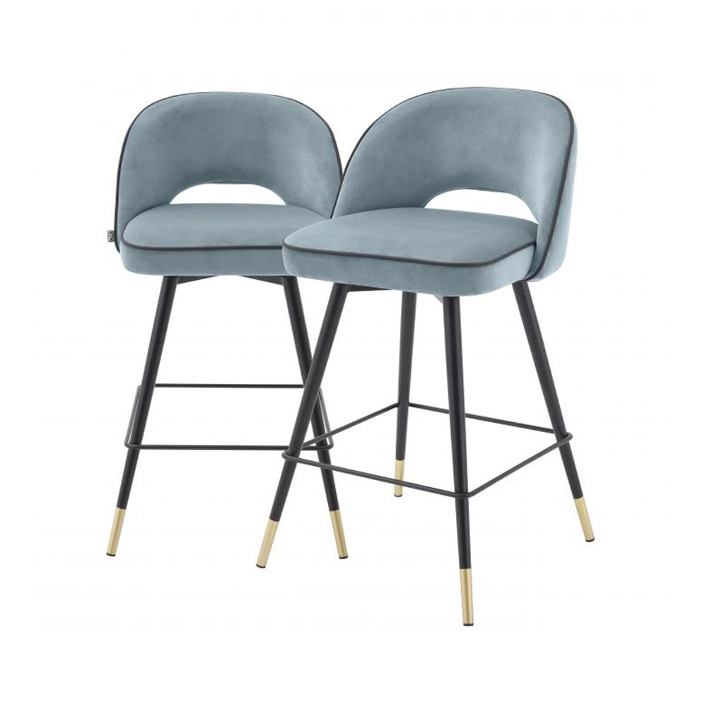 Blue velvet set of 2 bar stools with black piping and golden accents