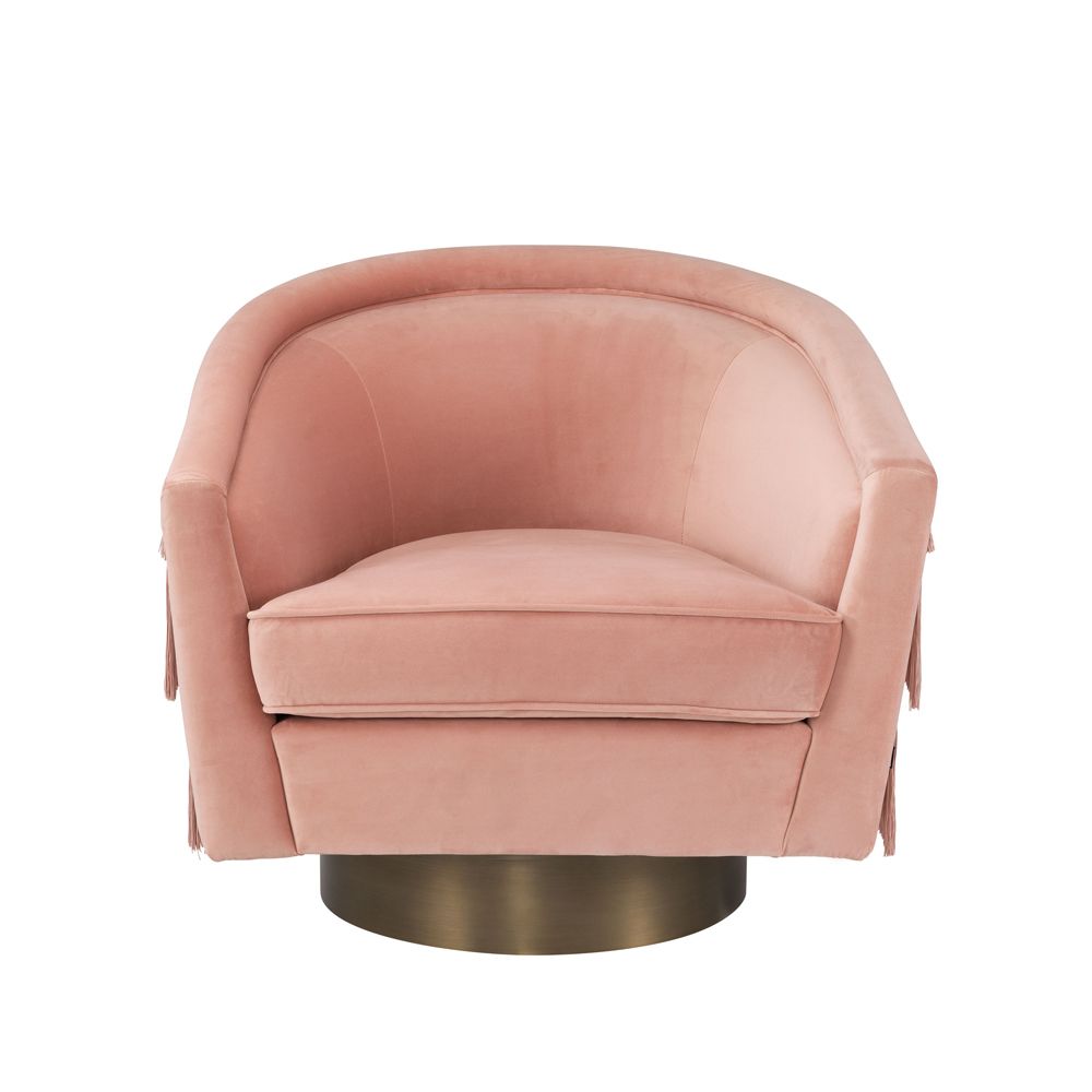 Nude velvet swivel armchair with tassel detailing and matte gold base